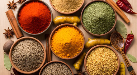 A vibrant assortment of earthy spices arranged in rustic bowls, showcasing a rich color palette that evokes warmth, culinary artistry, and the essence of global flavors and aromatic profiles