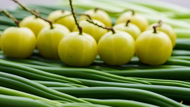 Indian Gooseberries on Green Scallions Fruit Still Life Photography