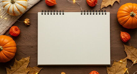 A minimal autumn-themed desk calendar or planner, closed or turned to a blank page, featuring fall decorations such as pumpkins, dried leaves, and warm lighting on a wooden desk