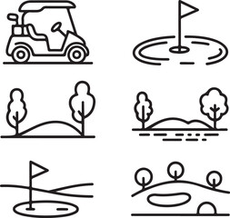 Naklejka premium Hand-Drawn Golf Course Elements Icon Pack Hole Flag, Cart, Trees, Water Hazard, and Sand Bunker Symbols