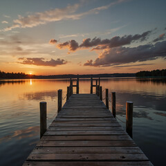 Scenic wooden dock at sunset reflecting on calm water