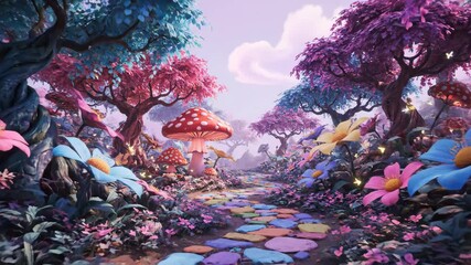 Enchanting Wonderland Path - A whimsical path winds through a vibrant fantasy forest, adorned with colorful flowers, whimsical trees, and giant mushrooms. - Powered by Adobe