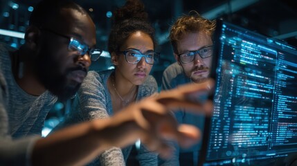 Diverse Team of Three Young Programmers Collaborating on Code