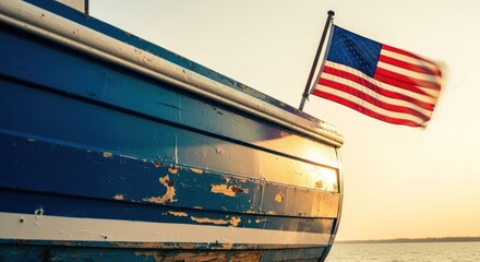Sunset view of weathered blue boat with American flag