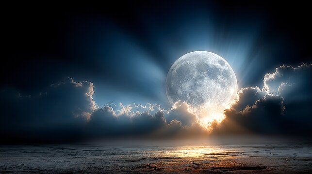 Close-up of glowing full moon with detailed craters against a black starry sky backdrop  