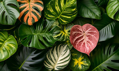 Vibrant Tropical Leaf Collage:  Textured Greens and Pink Heart L