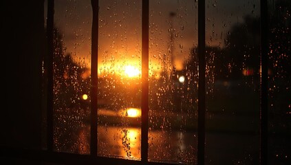 Golden sunset seen through a rain-streaked window