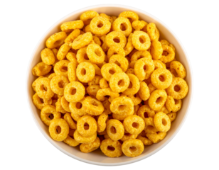 Bowl of Cheerios cereal corn rings isolated on transparent background PNG