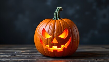 A festive pumpkin sits prominently atop a dark wooden surface against a contrasting dark backdrop, carved with a classic jack o' lantern design that includes a wide grin, two eyes