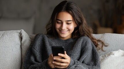 happy millennial hispanic teen girl checking social media holding smartphone at home smiling young latin woman using mobile phone app playing game shopping online ordering delivery relax on sofa no l