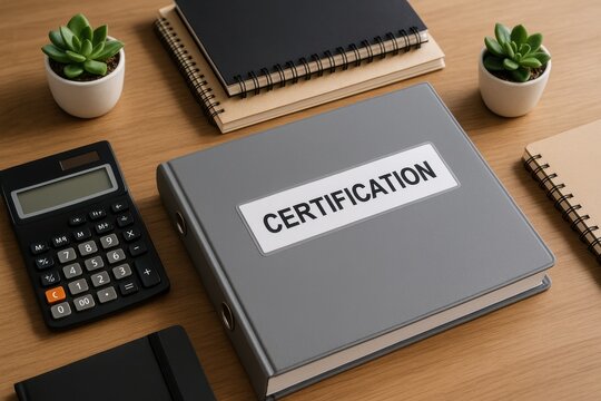 Certification on Table: A close-up shot of a certification binder alongside office supplies, emphasizing the importance of professional qualifications, learning, and achievement.