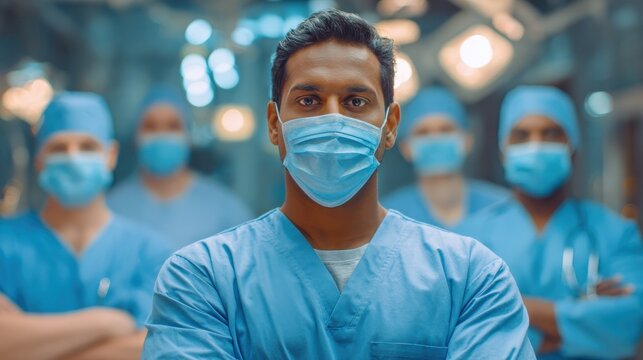 confident multiethnic male nurse in front of his medical team looking at camera wearing face mask during covid19 outbreak happy and proud indian young surgeon standing in front of his colleagues no l