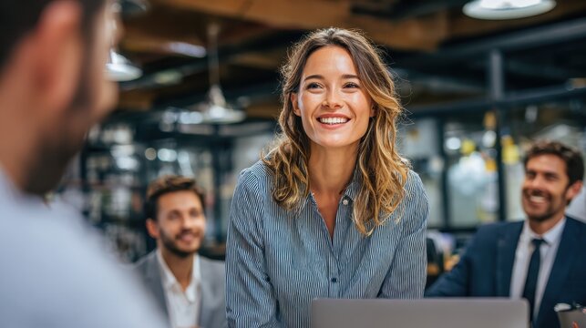 business technology and office concept smiling female boss talking to business team no logos no brands ar 169