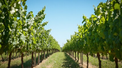 Naklejka premium Vineyard rows under a bright sunny day, cultivation and idyllic countryside