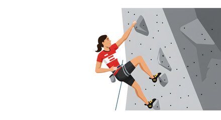 Focused female athlete in sportswear rappelling up an artificial rock wall, demonstrating strength and skill in an extreme sport activity