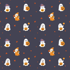 Cute Halloween themed cartoon pattern arranged in a continuous pattern, small white ghost, carved pumpkin, purple witch hat, giving a bright, warm and lovely feeling, suitable for designing