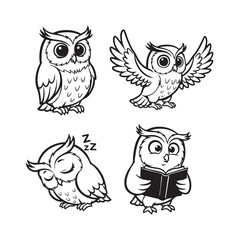 Vector art of four adorable owls, showcasing different activities like reading, sleeping, and flying in a charming cartoon style