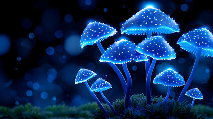 Enchanting luminous blue mushrooms glow brightly in a mystical, magical forest setting