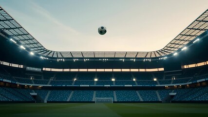 Soccer Ball Rising Above Smoke on Green Field in Large Stadium with Blue Seats and Bright Lights Under Dusk Sky
