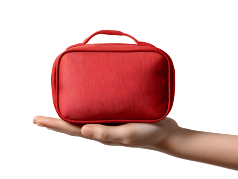 Angled Side View of Female Hand Holding Red Medical Kit, Isolated on Transparent Background PNG - Powered by Adobe