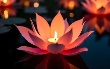 Paper lotus flower with candle floating on a river at night in Loy krathong festival, traditional Siamese new year festival celebrated in Thailand. High quality