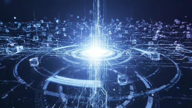 Futuristic Data Network Hub - Abstract visualization of a futuristic cloud computing network. Digital data streams converge at a central hub, creating a vibrant display of technological connectivity.