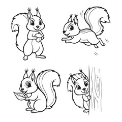 Cartoon Squirrel Vector Set – Playful Poses with Acorn, Leaf, Tree Peek, and Jumping Action

