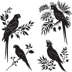 Fototapeta premium Four Parrot Silhouettes on Branches with Leaves 