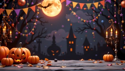 Fototapeta premium A festive Halloween scene with a spooky ambiance. A table set for a celebration is adorned with pumpkins, cobwebs, and a sign that reads 