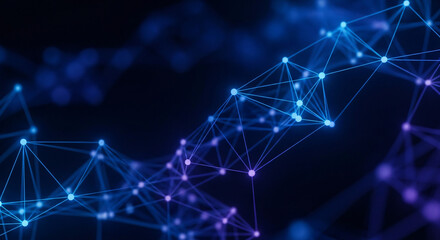 Obraz premium Abstract network of interconnected lines and geometric shapes in shades of blue and purple creating a sense of depth and complexity against a dark background 