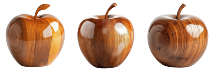 Handcrafted Wooden Apple with Natural Grain and Shiny Coating Isolated on Transparent Background