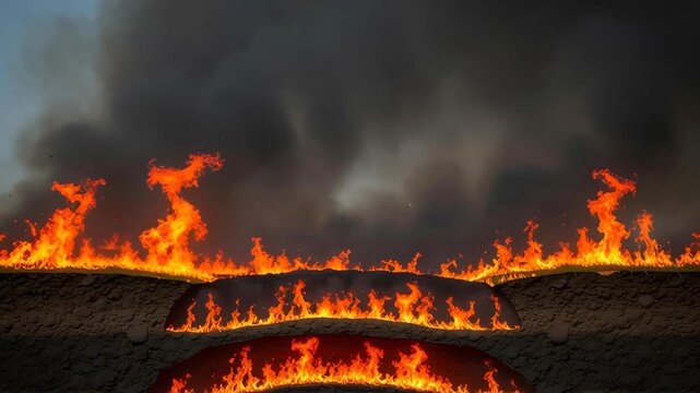 Terraced Field Ablaze with Raging Fire and Dense Smoke Filled Dark Sky