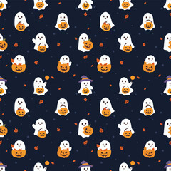 Cute Halloween themed cartoon pattern arranged in a continuous pattern, small white ghost, carved pumpkin, purple witch hat, giving a bright, warm and lovely feeling, suitable for designing for child