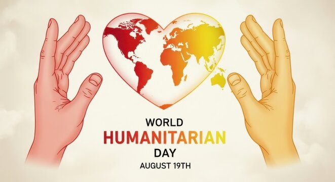 World humanitarian day heart shaped globe with open hands, representing love and global aid