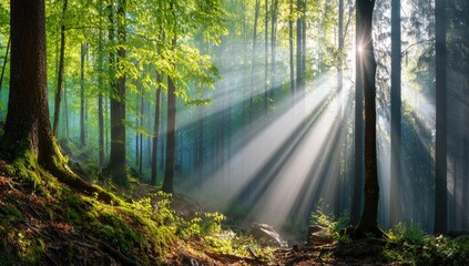 Fototapeta premium Sunbeams Through Green Forest Canopy