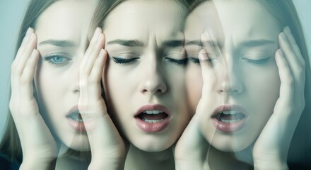 Young woman experiencing dissociation or mental distress with multiple overlapping images of her face