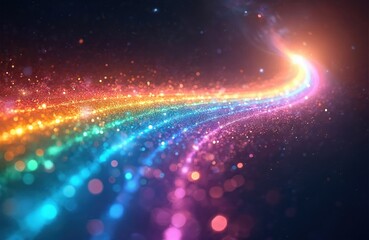 Obraz premium Vibrant cosmic rainbow pathway illustration features swirling light particles, starry background. Digital art futuristic, abstract design with neon colors creating sense of motion, depth. Resembles