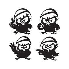Vector art of four angry cartoon birds with different gestures, capturing the humorous and expressive nature of these avian characters in a design