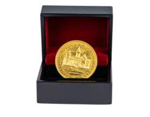 Gold coin in an open black presentation box isolated on transparent background PNG