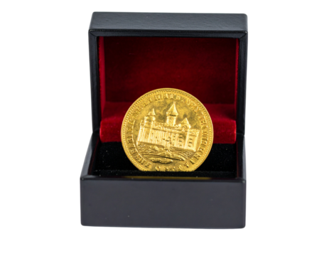 Gold coin in an open black presentation box isolated on transparent background PNG