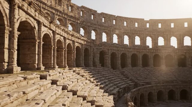 Ancient Coliseum Ruins at Sunset - A detailed view of a weathered ancient coliseum's interior, showcasing its stone arches, seating areas, and sunlit ambiance.