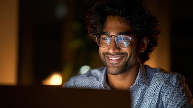 smiling young curly indian latin ethnic business man or student wearing glasses remote working overtime learning online late at night at home or in dark office using laptop computer at workplace no l