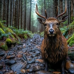 Fototapeta premium Wet deer in a forest path.