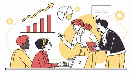 Business team meeting with charts and graphs discussing growth and progress in the company project