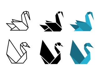 Swan icon set. A set of swan origami illustrations in minimalist line, solid black, and blue color styles. Perfect for logo design, icon sets, and modern graphic elements. © Uswa KDT