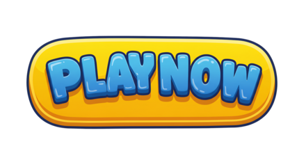 Cartoon Play Now Button with Blue Text and Yellow Background