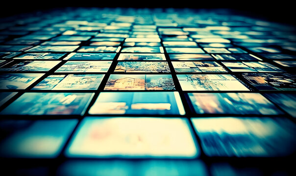 Abstract grid of screens displaying blurred images in a blue and