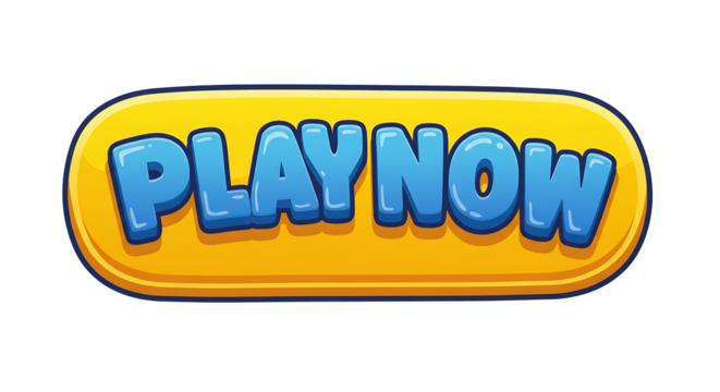 Cartoon Play Now Button with Blue Text and Yellow Background