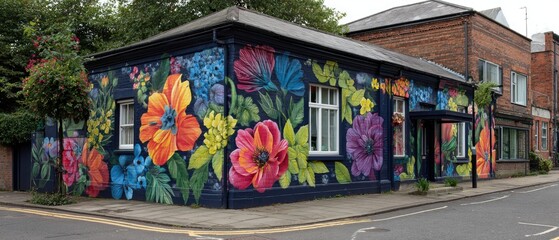 Fototapeta premium Colorful floral mural adorns a small building