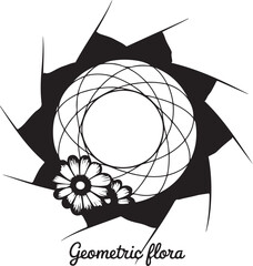 Geometric Flora Emblem Black and White Botanical Design with Delicate Flower Accents and Circular Web Pattern Creating Modern Aesthetic